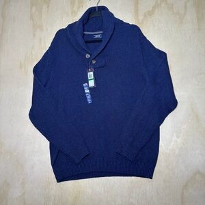 NWT Izod Men’s Knit‎ Shawl Neck Pullover Sweater Size Large Navy Blue Cotton